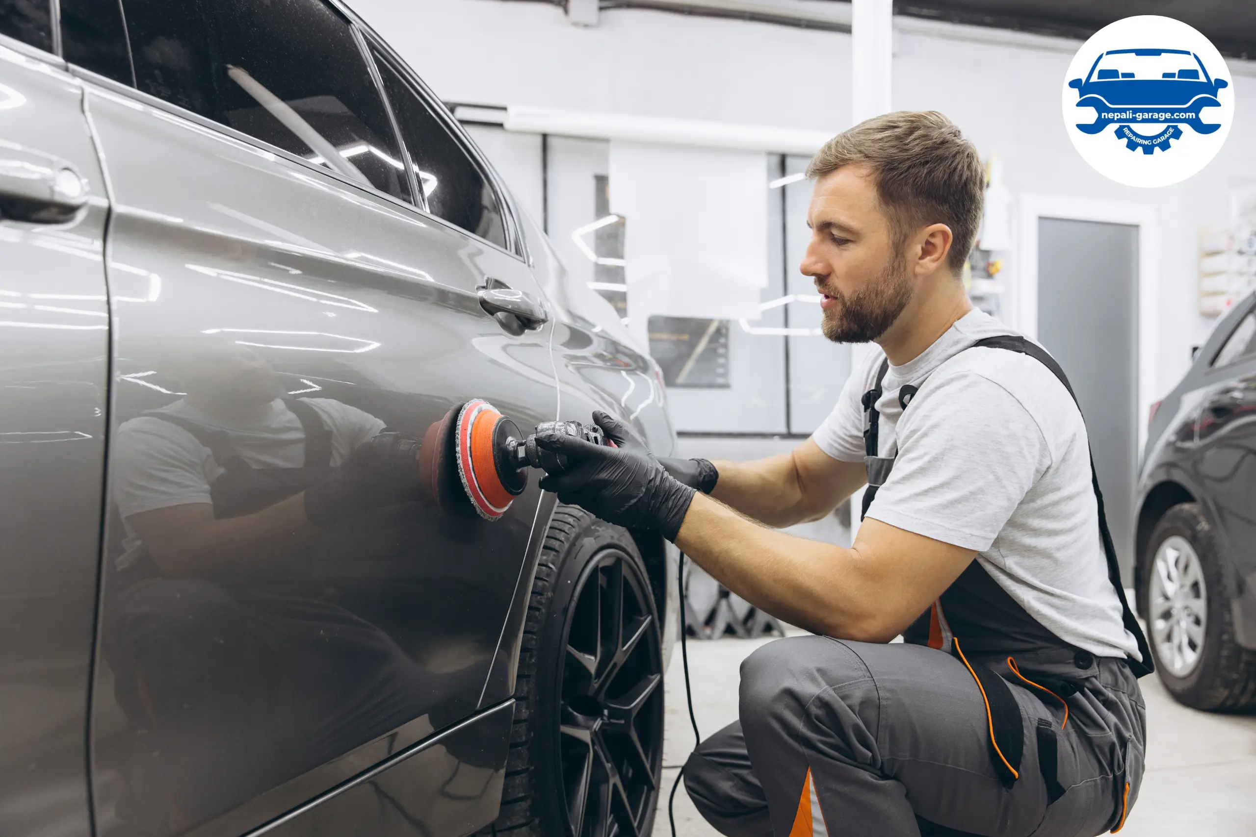 Car Body Polishing by mechanic in garage