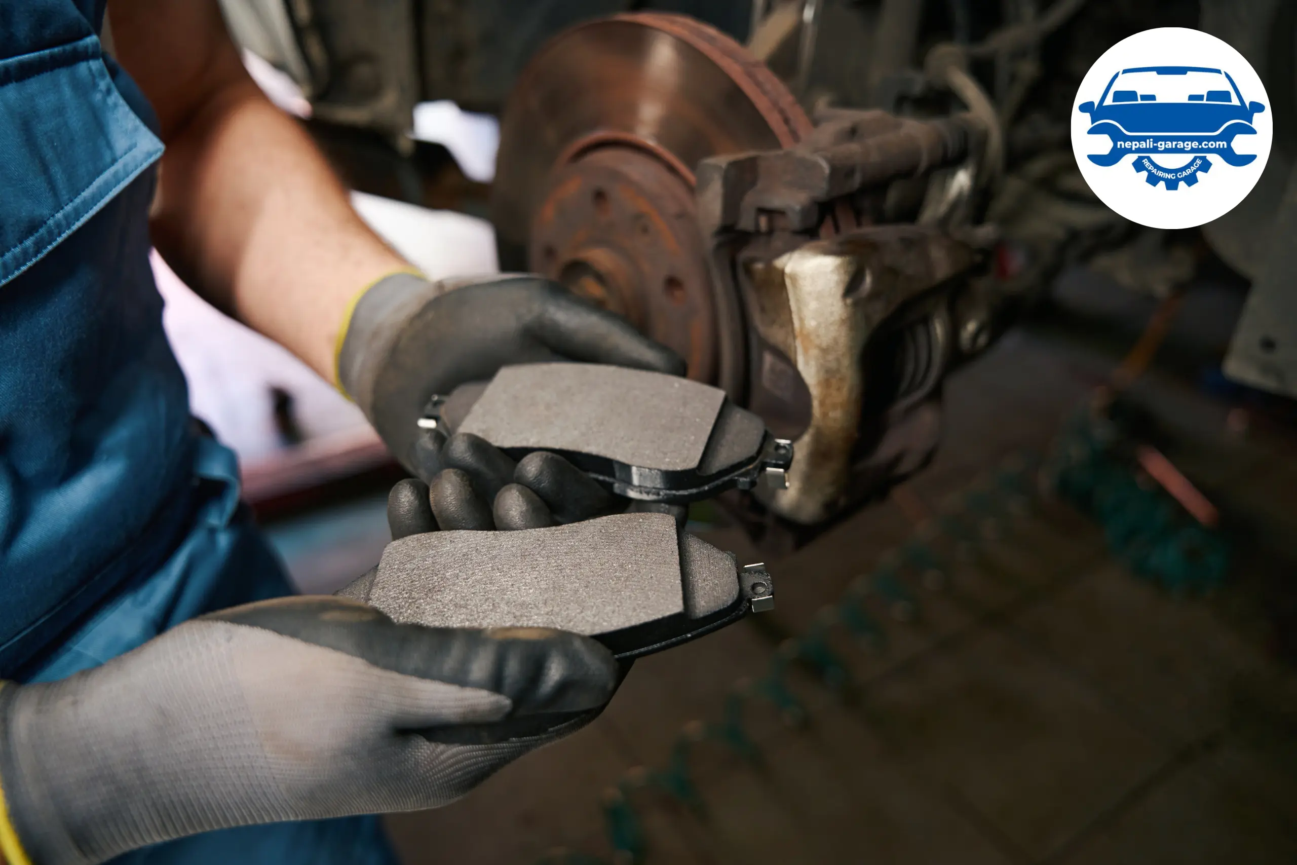 Mechanic changing car brake pads in garage