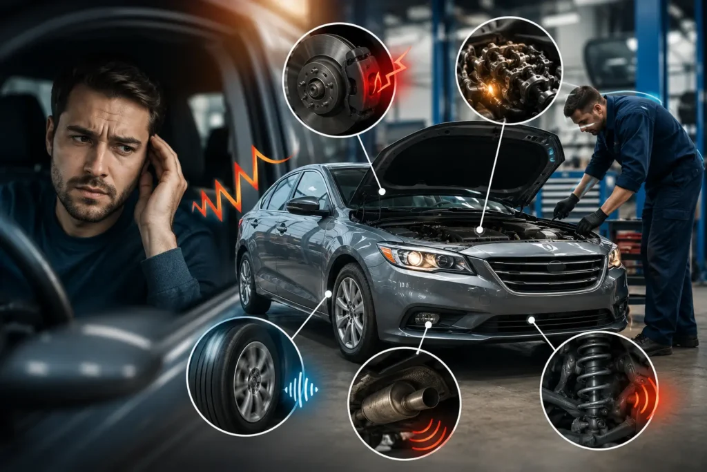 Driver and mechanic diagnosing strange car noises from brakes, engine, wheels, exhaust, and suspension.