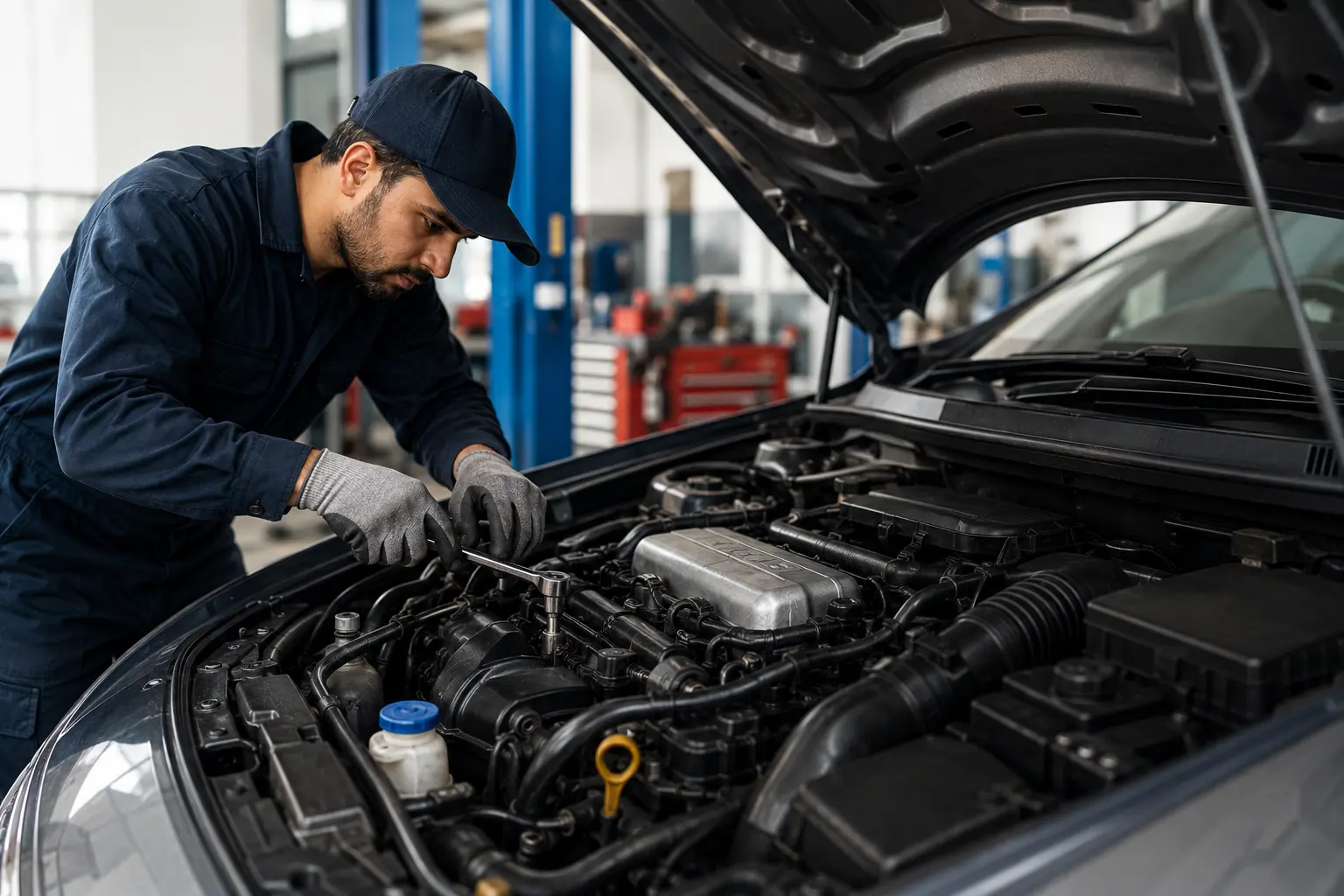 Professional mechanic performing engine repair and diagnostics on a modern car at an auto garage in Sharjah