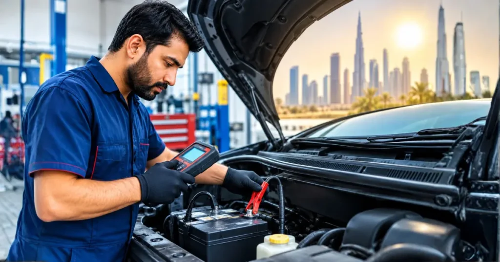Car battery inspection for battery problems in UAE heat